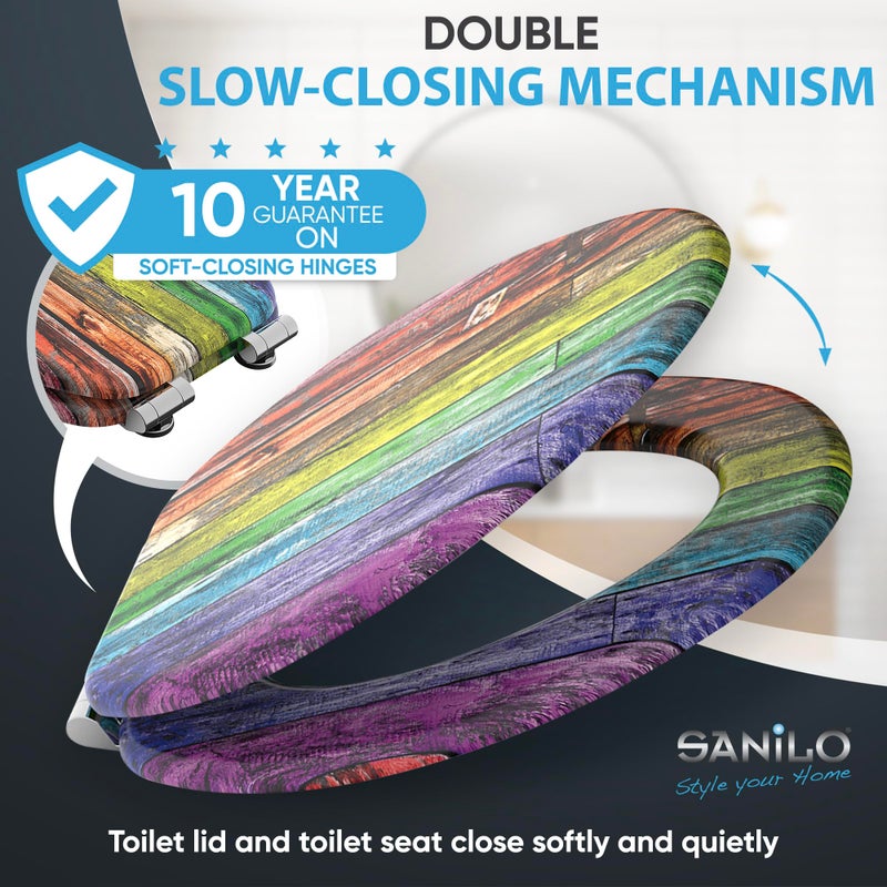 SANILO Wooden Toilet Seat with Soft Close [ELONGATED] - Decorative, Quiet & Slow Close Molded Wood Seat - With Strong Bumpers & Hinges - Adjustable Fit - Rainbow - Image 2